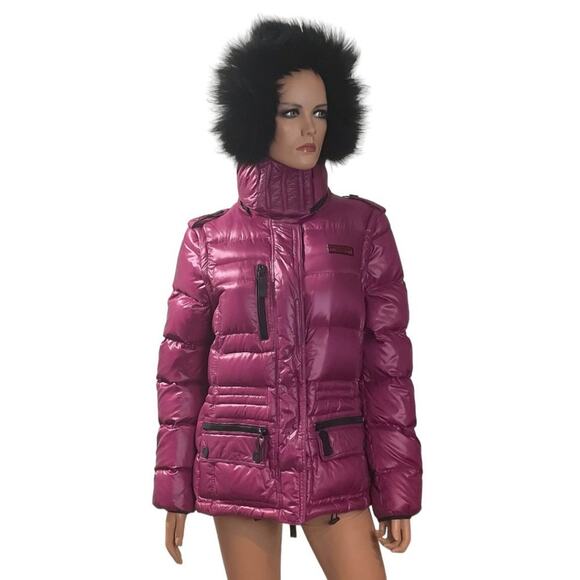 Burberry Sport Hot Pink Quilted Goose Down Fur Hooded Puffer Jacket or Vest Sz L